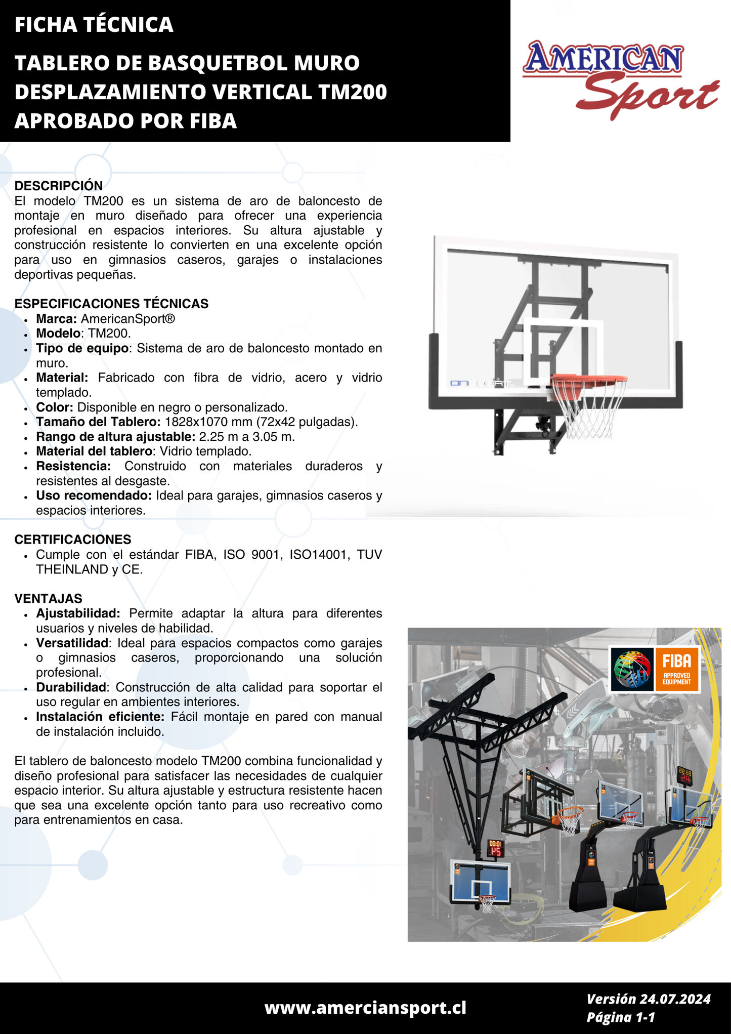 TABLERO DE BASQUETBOL MURO DESPLAZAMIENTO VERTICAL TM200 APROBADO POR FIBA