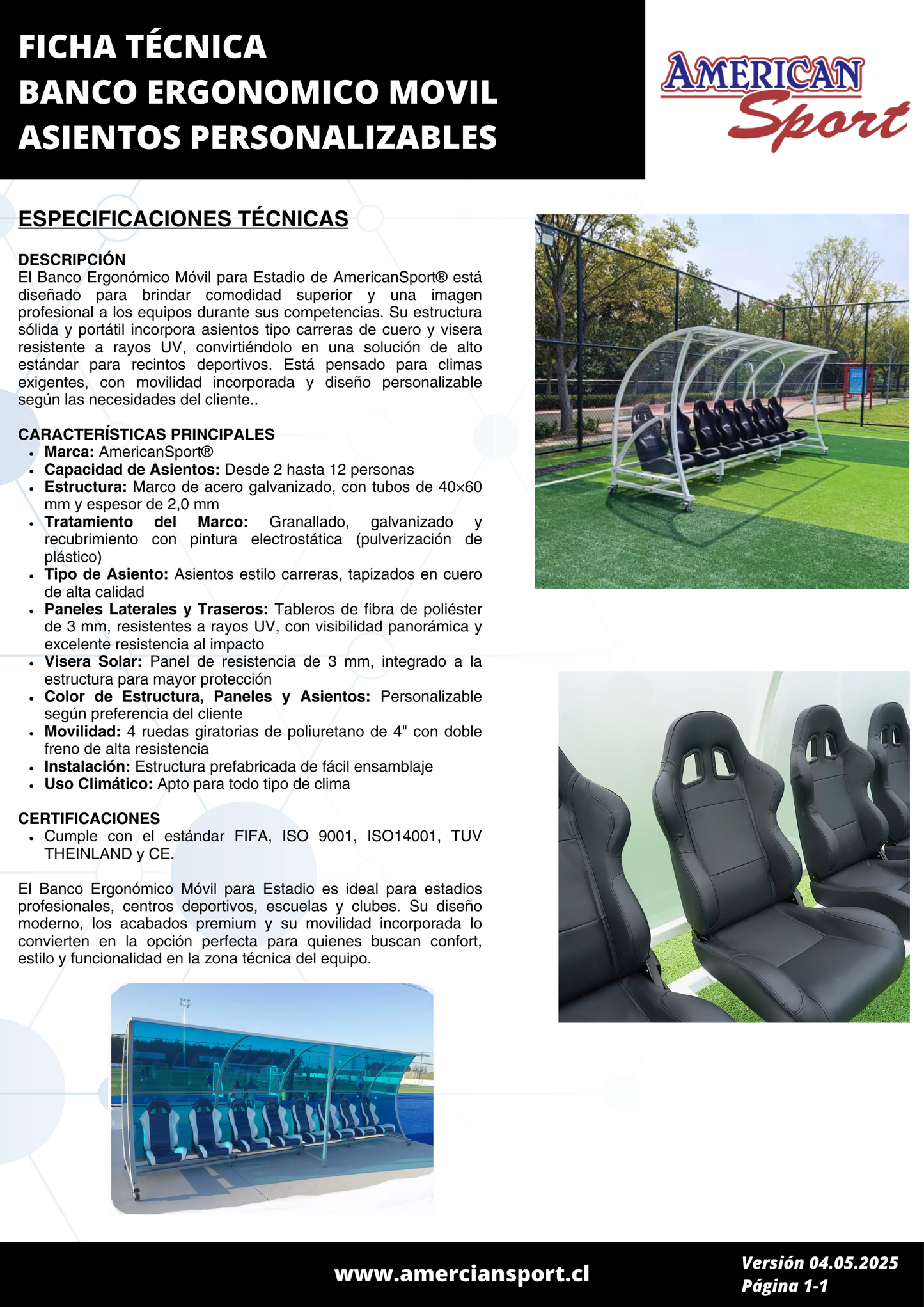 BANCO ERGONOMICO MOVIL PARA ESTADIO 4 ASIENTOS