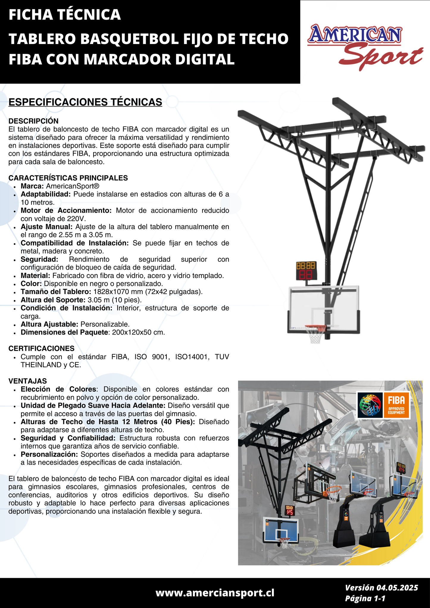 TABLERO BASQUETBOL FIJO PARA TECHO FIBA CON MARCADOR DIGITAL