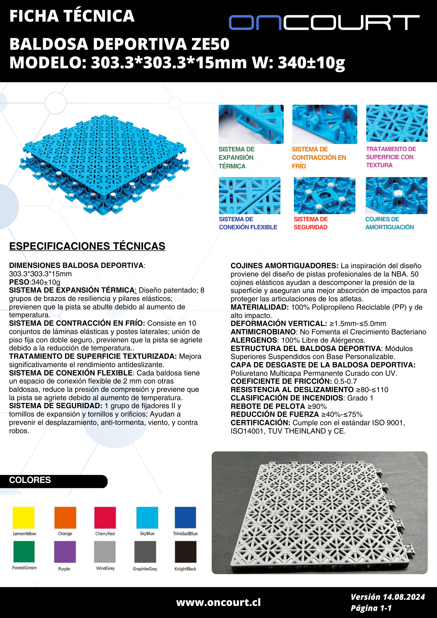 BALDOSA DEPORTIVA ZE50 MODELO: 303.3*303.3*15mm W: 340±10g M2