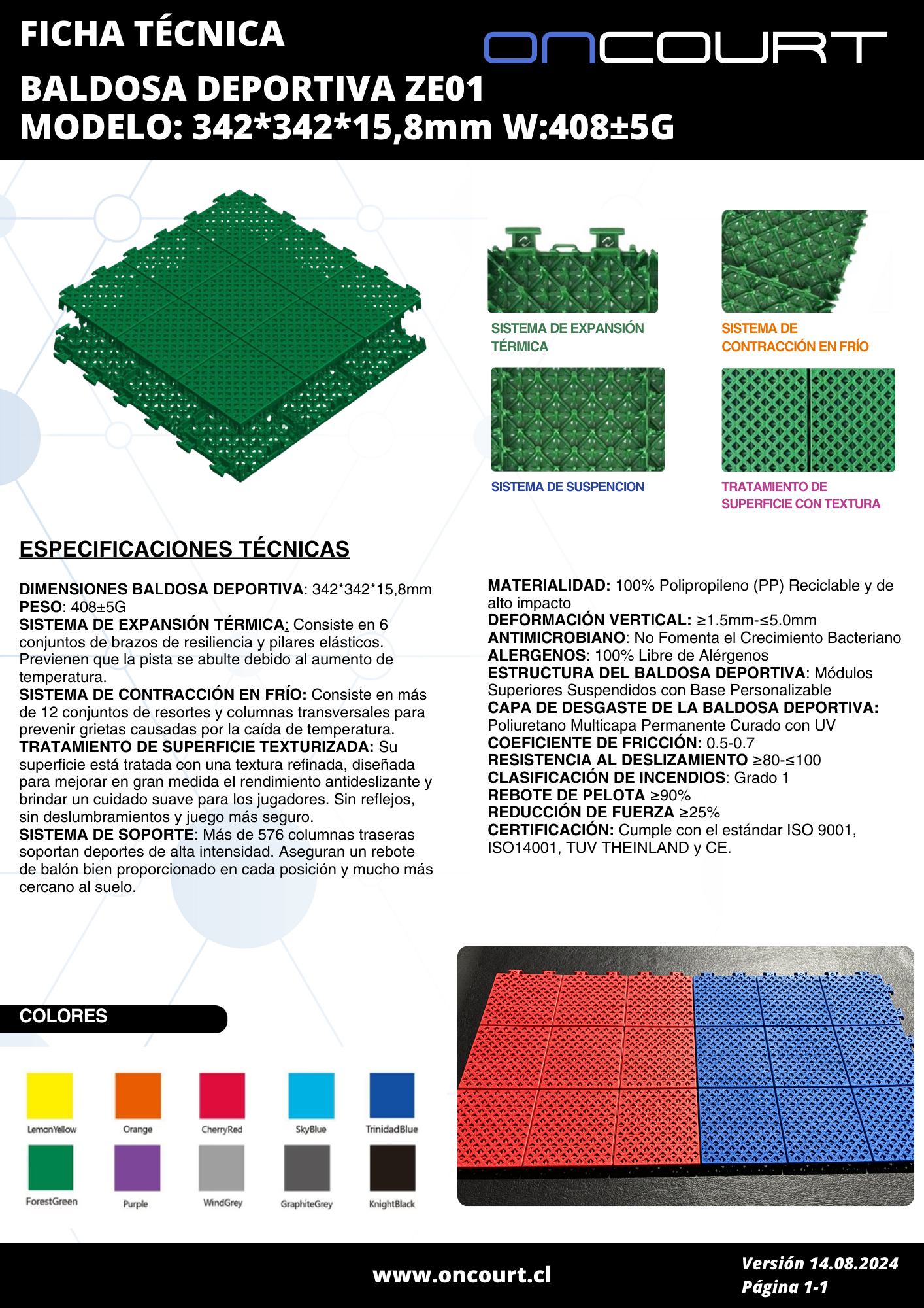 BALDOSA DEPORTIVA ZE01 MODELO: 342*342*15,8mm W:408±5G M2