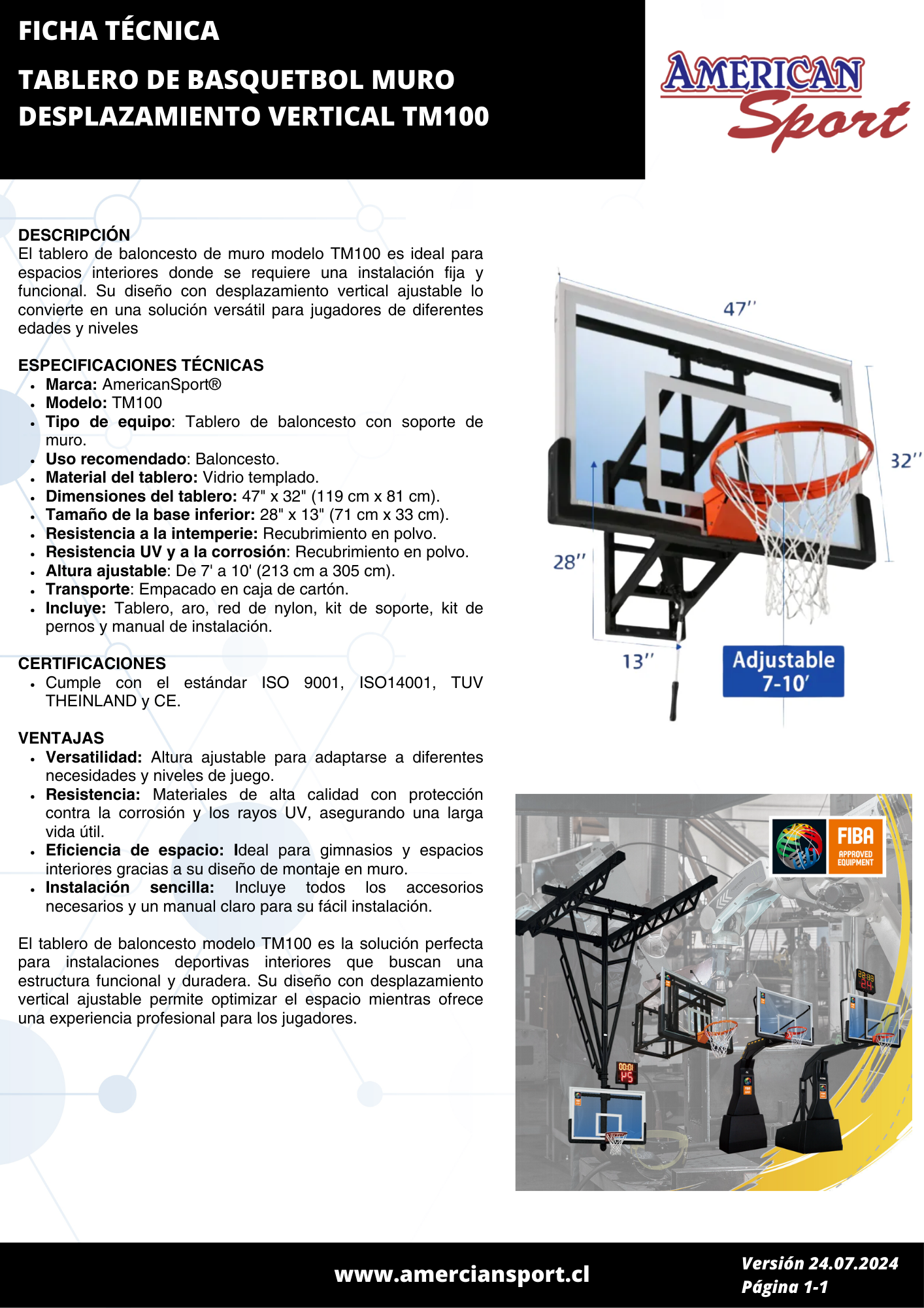 TABLERO DE BASQUETBOL MURO DESPLAZAMIENTO VERTICAL TM100