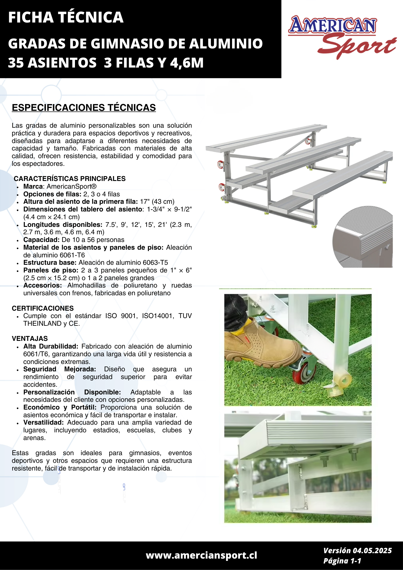 GRADAS DE GIMNASIO DE ALUMINIO 35 ASIENTOS 3 FILAS Y 4,6M