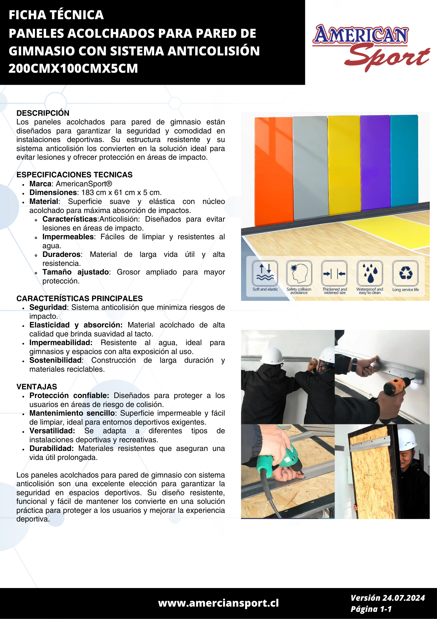 PANELES ACOLCHADOS PARA PARED DE GIMNASIO CON SISTEMA ANTICOLISIÓN 200CMX100CMX5CM