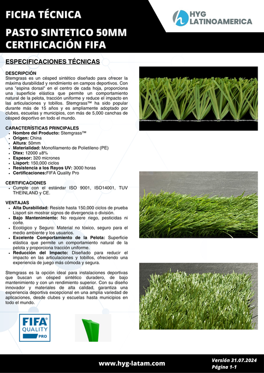 PASTO SINTETICO 50MM CERTIFICACIÓN FIFA