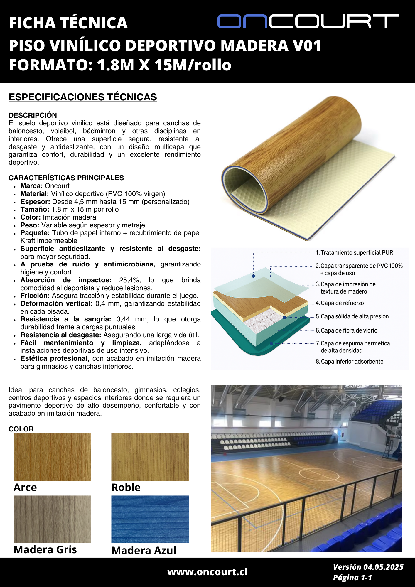 PISO VINÍLICO DEPORTIVO MADERA ONCOURT V01 4.5MM