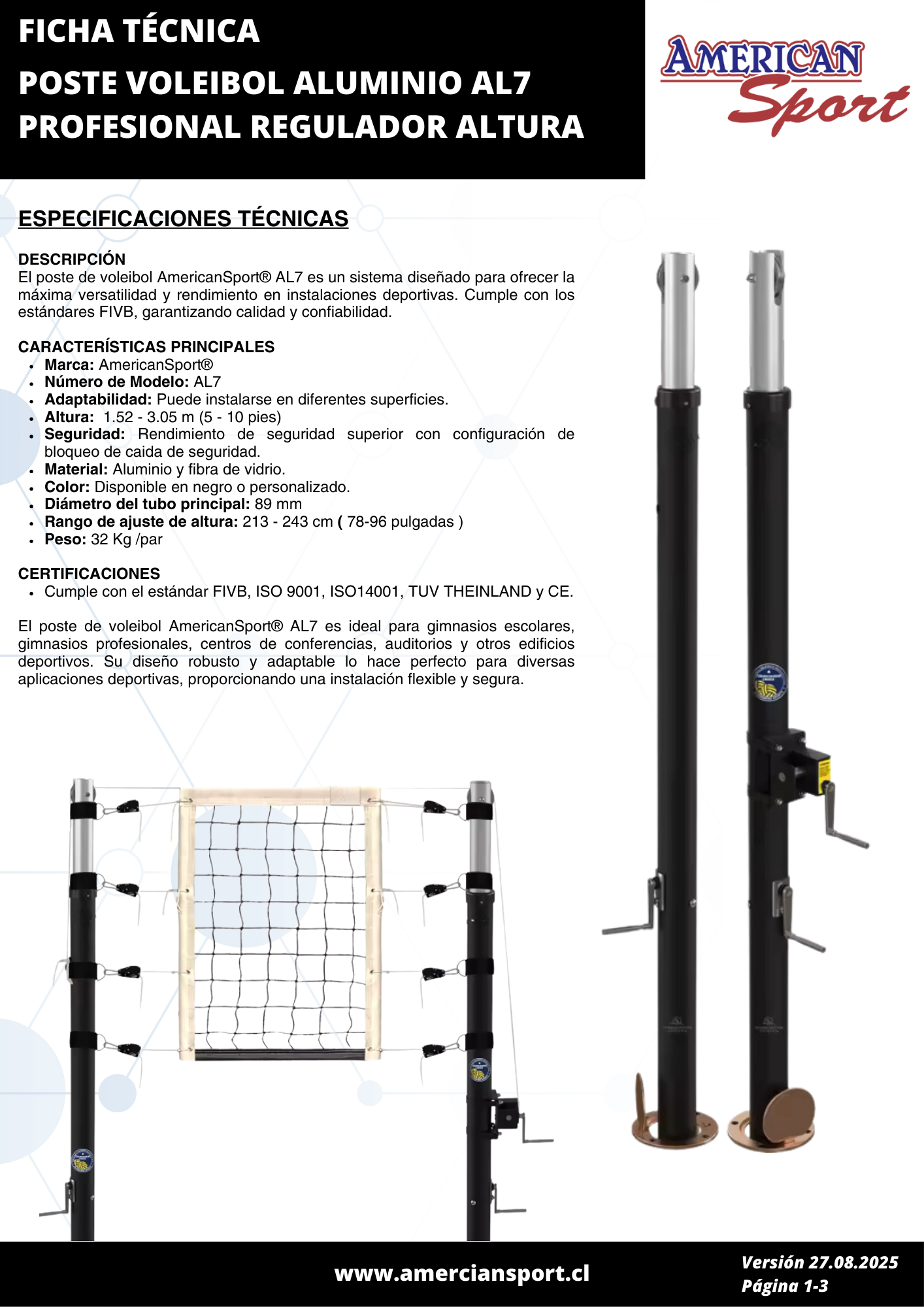 SET 2 POSTES DE VOLEIBOL ALUMINIO AL7 PROFESIONAL
